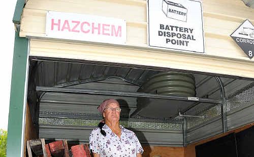 Loris Hinds stands in her empty battery disposal shed after thieves took all her used batteries. Loris Hinds stands in her empty battery disposal shed after thieves took all her used batteries.